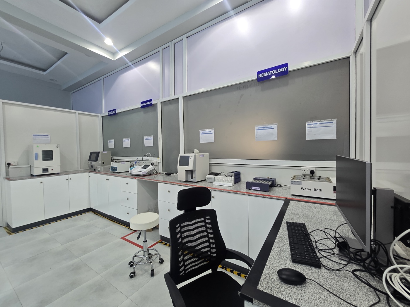 The laboratory at MacWish Medical Centre, with benches for serology, clinical chemistry and haematology